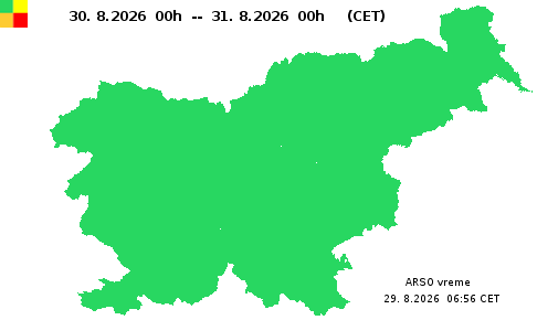 Zemljevid opozoril ARSO za Nedelja, 30. 8. 2026.