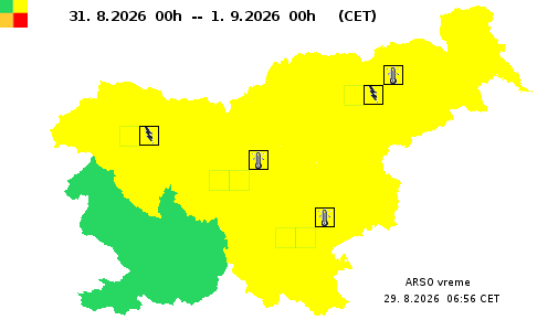 Zemljevid opozoril ARSO za Ponedeljek, 31. 8. 2026.
