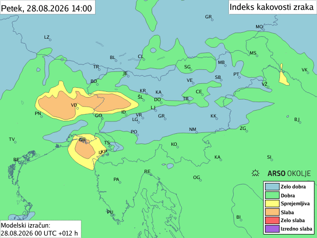 Napoved indeksa kakovosti zraka nad Slovenijo za sobota, 13:00.